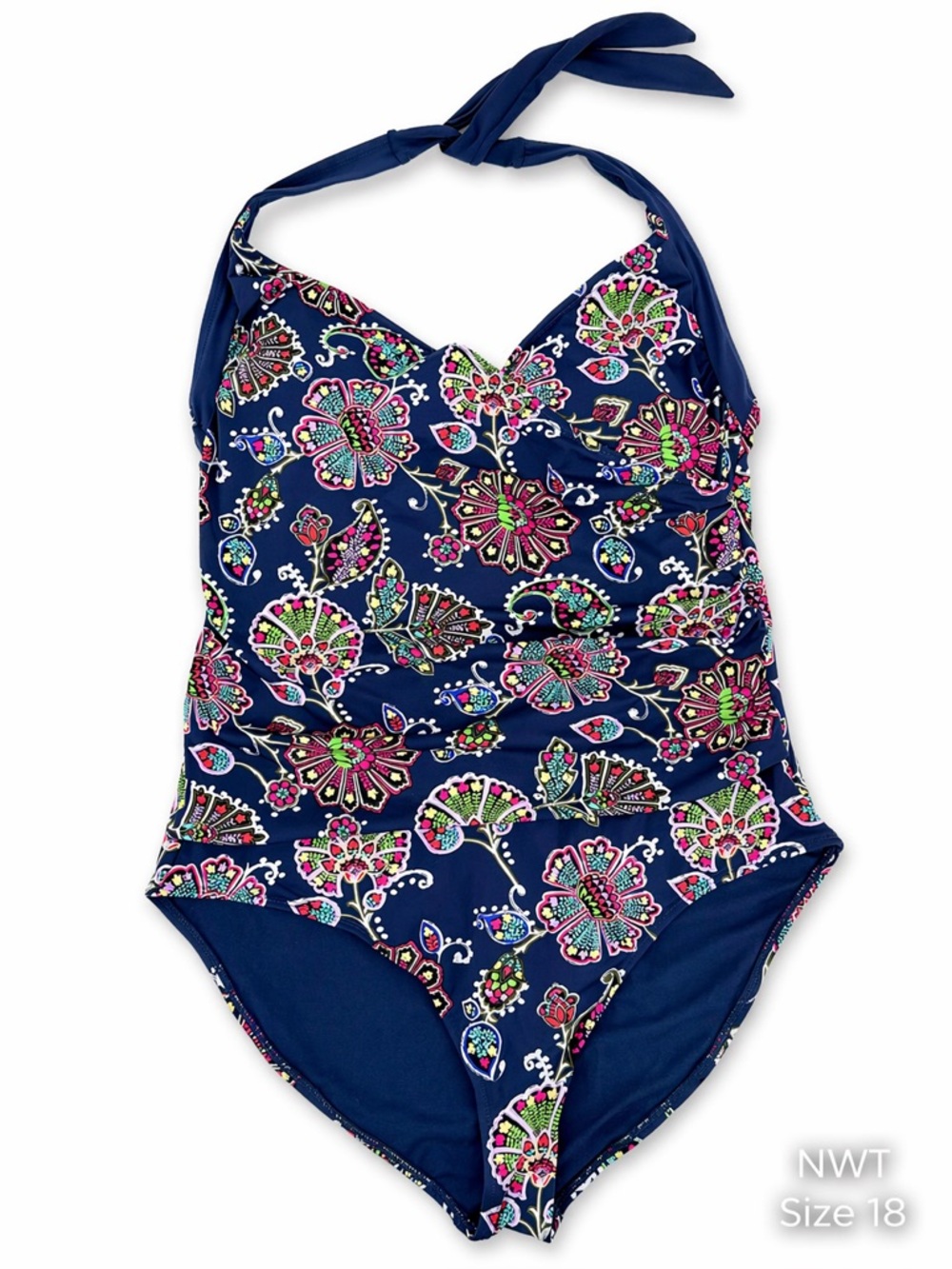 Liz Claiborne Navy Floral Halter One-Piece Swimsuit Size 18
